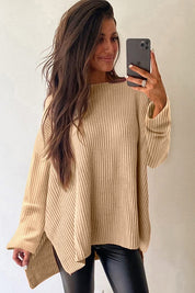 Women's Loose Fit Knit Sweater with Drop Shoulders and Side Slits