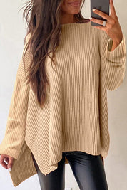 Women's Loose Fit Knit Sweater with Drop Shoulders and Side Slits