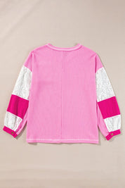 Women's V-Neck Rib Knit Sweatshirt with Floral Patch Sleeves