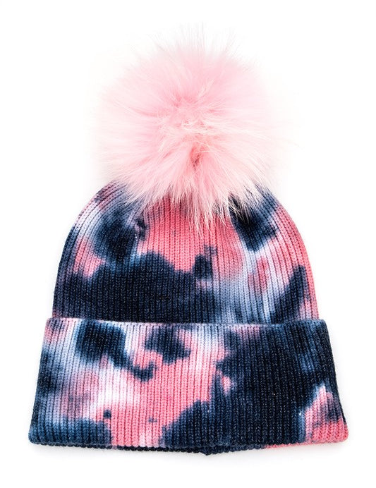 Women's Tie-Dyed Raccoon Fur Pom Beanie