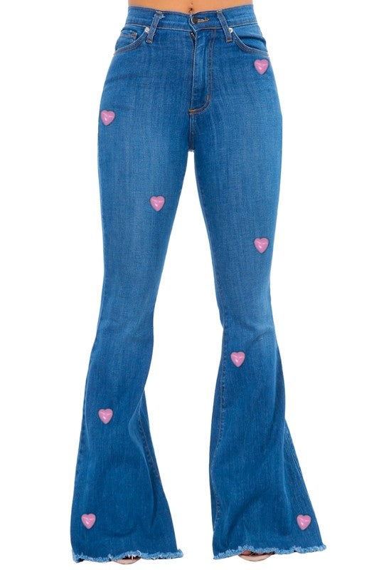 Women's High Rise Bell Bottom Jeans with Heart Embellishments