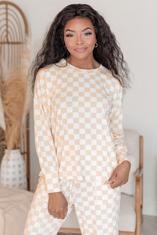 Checkered Print Long Sleeve Top Pants Lounge Set