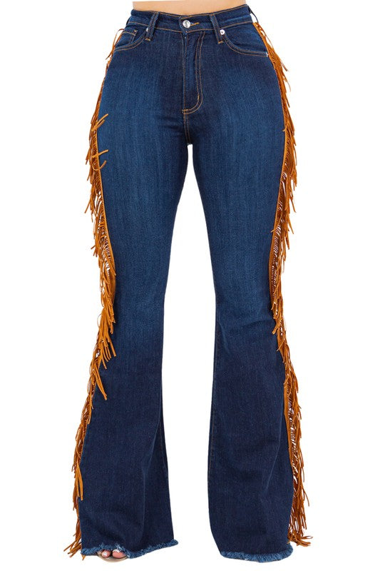 Women's High Rise Fringe Bell Bottom Jeans in Dark Blue