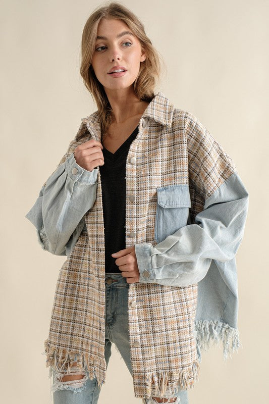 Women's Oversized Tweed Denim Shacket with Fringed Hem