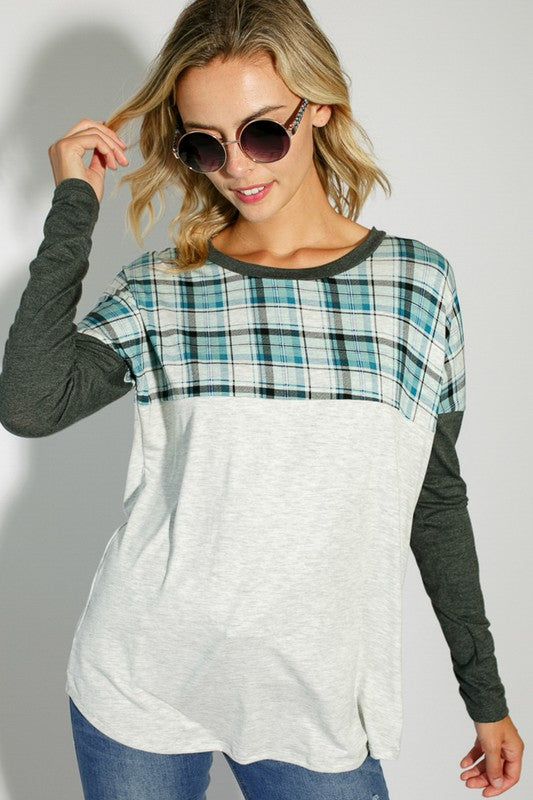 Women's Casual Plaid Colorblock Long Sleeve Top