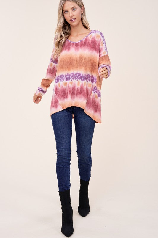 Women's Casual Loose Fit Tie Dye V Neck Boxy Top