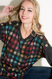 Women's Loose Fit Plaid Mixed Long Sleeve Top