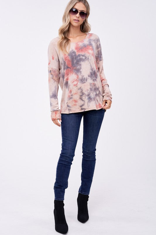 Plus Size Oversized V-Neck Tie Dye Sweatshirt Top