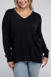 Women's Plus Oversized V-Neck Garment Dyed Sweater