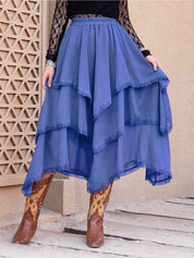 Women's Casual Tiered Midi Skirt with Lace Details