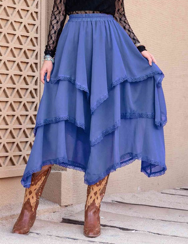 Women's Casual Tiered Midi Skirt with Lace Details