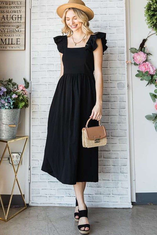 Women's Ruffle Sleeve Midi Dress with Cut Out Back