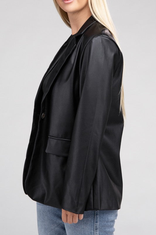 Sleek Pu Leather Blazer with Front Closure