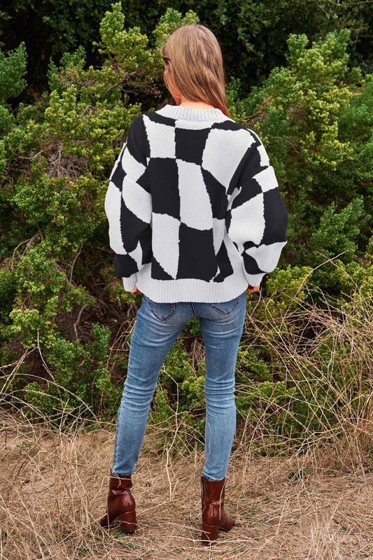 Women's Oversized Geo Checker Knit Sweater Top