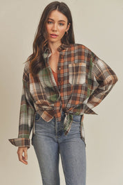 Women's Oversized Flannel Shirt with Patchwork Design