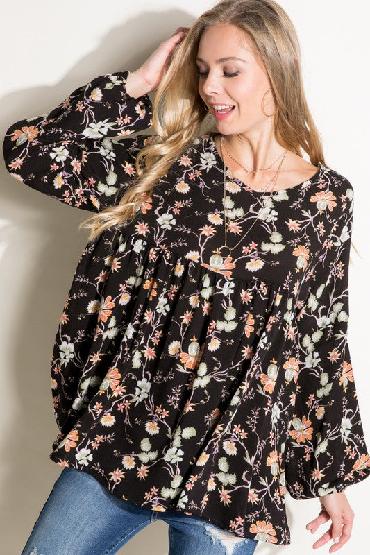 Women's Casual Floral V-Neck Loose Fit Baby Doll Top