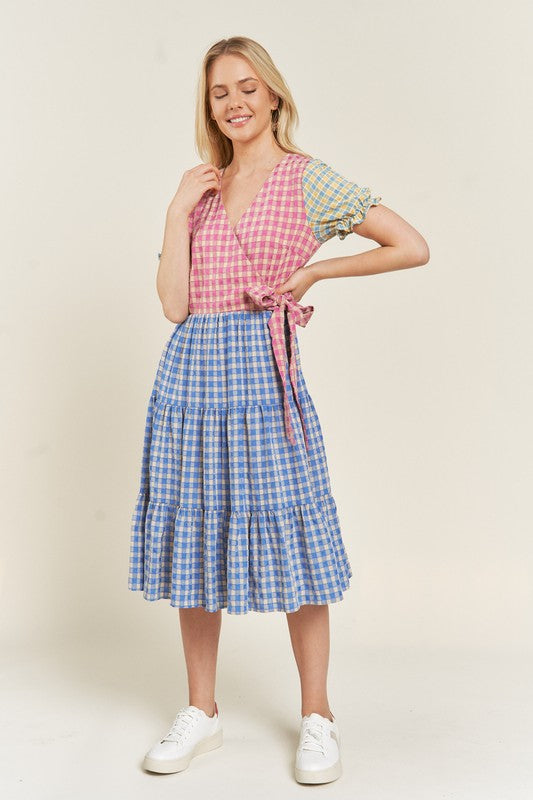 Women's Colorblock Gingham Tiered Dress