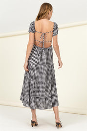 Women's Boho Gingham Print Maxi Dress with Tie Back