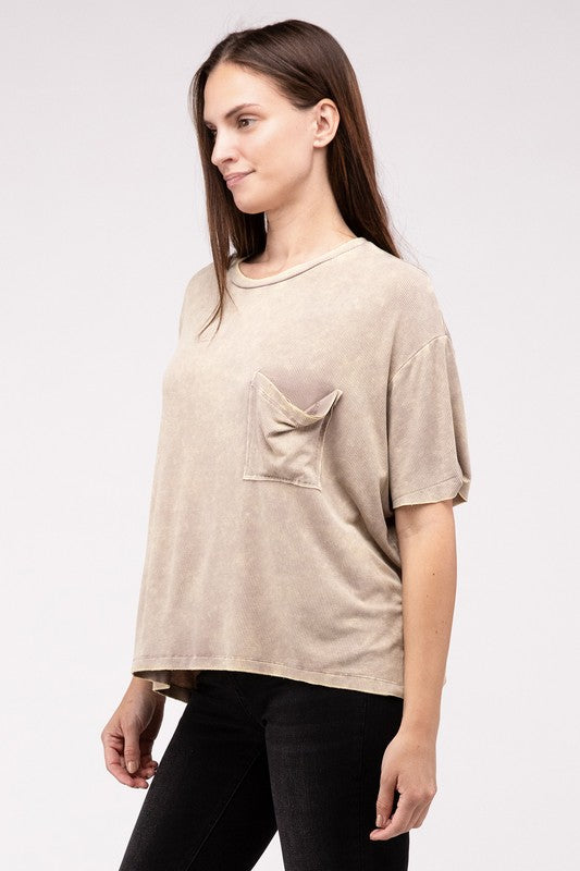 Women's Washed Ribbed Oversized Short Sleeve Round Neck Top