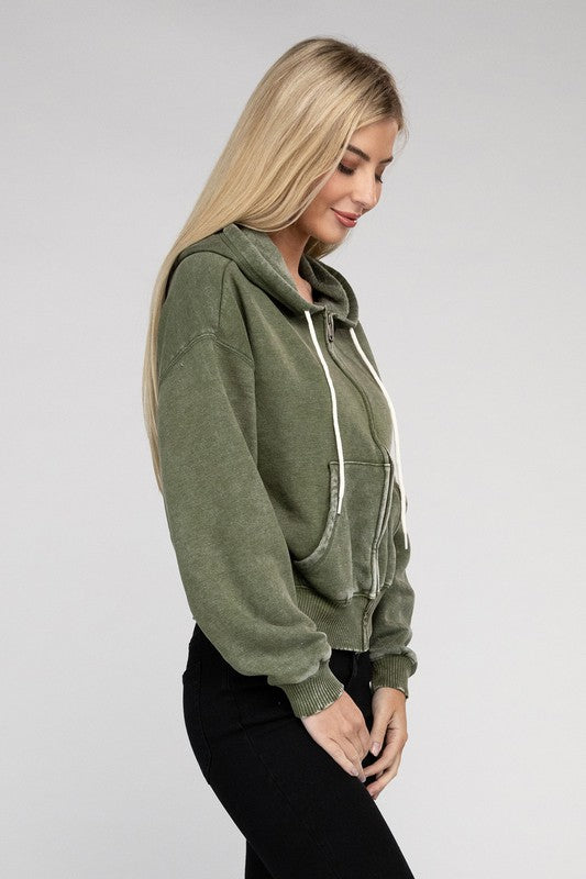 Women's Relaxed Fit Acid Wash Fleece Cropped Zip-Up Hoodie