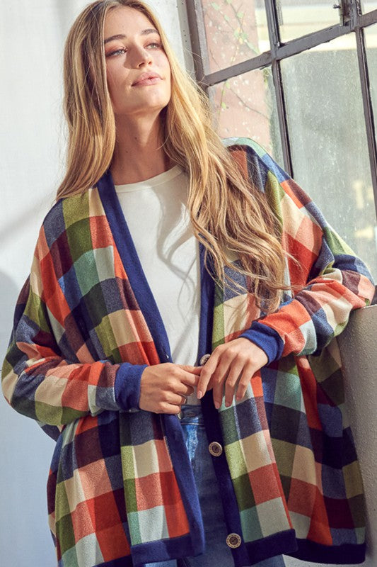 Women's Oversized Plaid Buttondown Cardigan