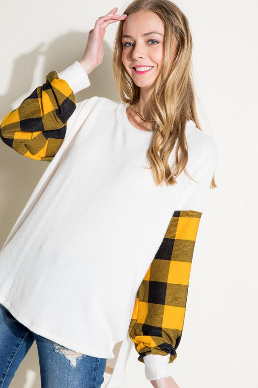 Women's Casual Long Sleeve Solid and Plaid Mixed Top