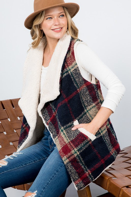 Women's Oversized Sherpa Lined Plaid Vest