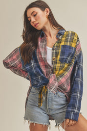 Women's Oversized Flannel Shirt with Patchwork Design