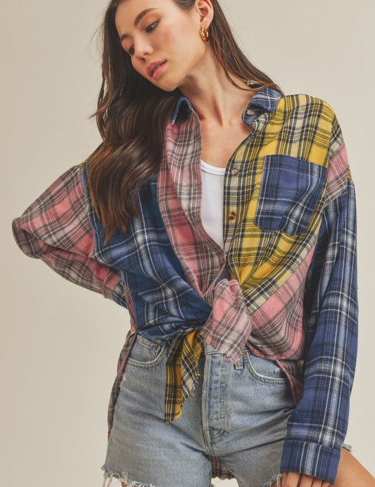 Women's Oversized Flannel Shirt with Patchwork Design