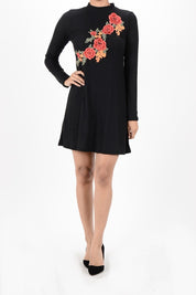 Women's Casual Brushed Jersey Mini Dress with Flower Patch