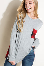 Women's Loose Fit Solid and Plaid Long Sleeve Top