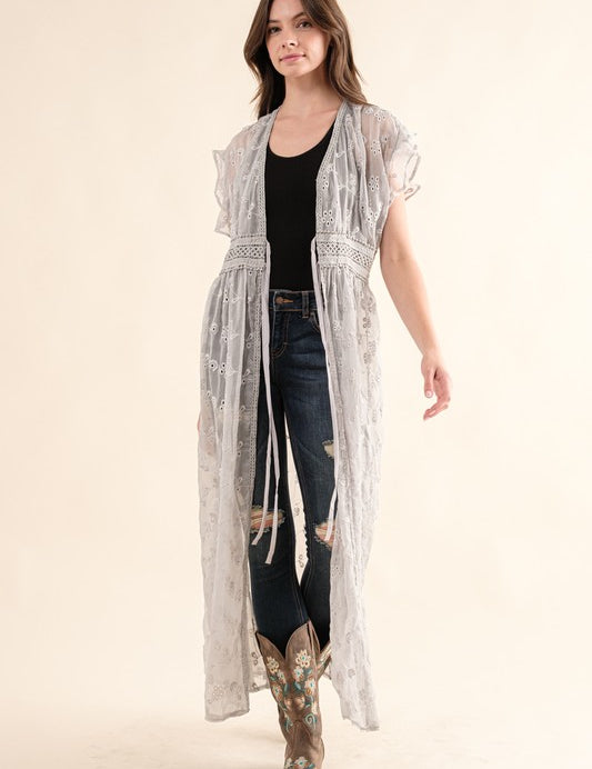 Women's Chiffon Embroidery Lace Kimono Duster Cardigan