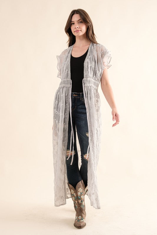 Women's Chiffon Embroidery Lace Kimono Duster Cardigan