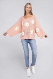 Women's Boat Neck Flower Motif Embroidered Sweater