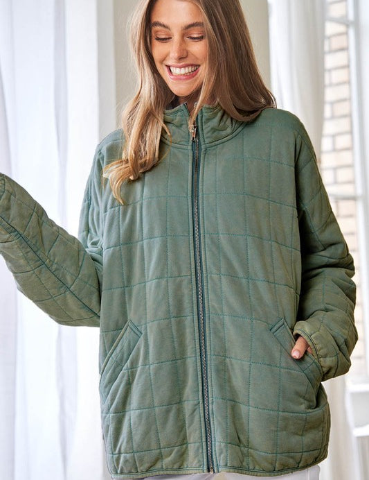 Washed Soft Comfy Quilting Zip Closure Jacket