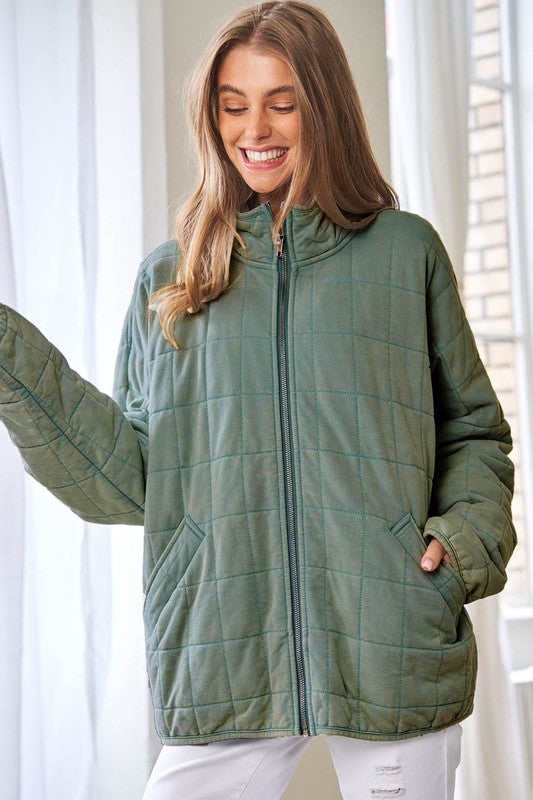 Washed Soft Comfy Quilting Zip Closure Jacket