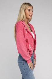 Women's Relaxed Fit Acid Wash Fleece Cropped Zip-Up Hoodie