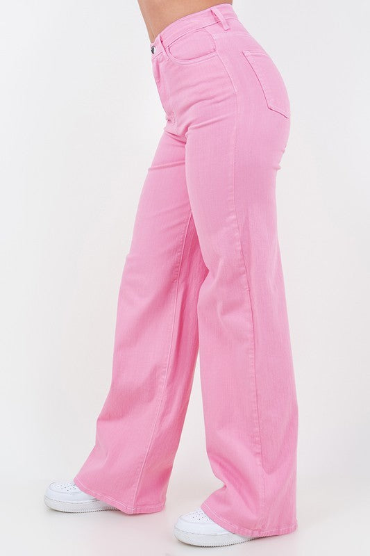 Women's High Rise Wide Leg Jeans in Bubblegum Pink