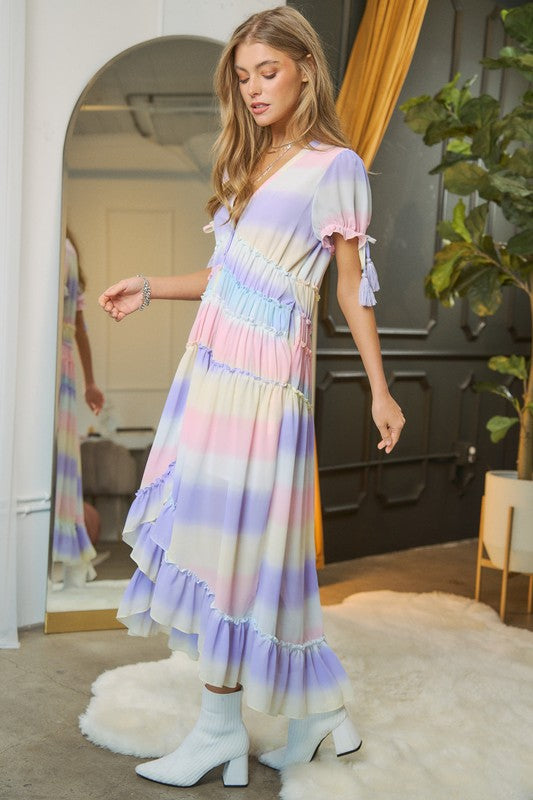 Women's Ombre Striped V-Neck Maxi Dress with Puff Sleeves