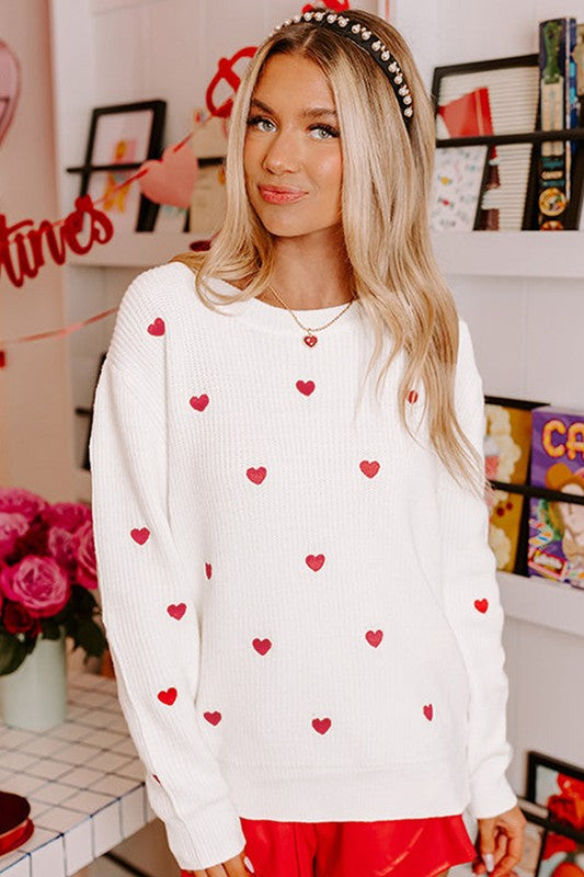 Women's Casual Red Heart Pattern Drop Shoulder Sweater