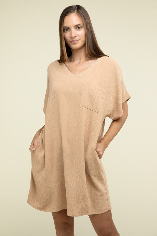 Women's Casual Relaxed V-Neck T-Shirt Dress with Pockets