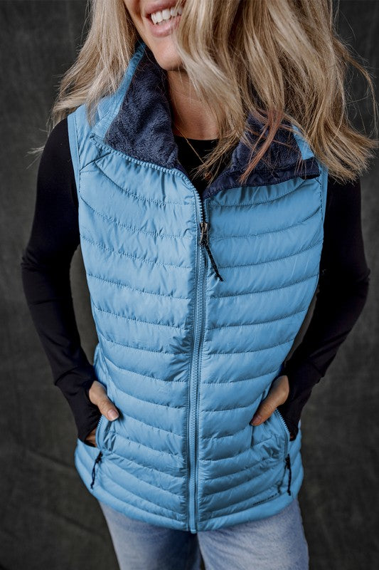 Women's Sky Blue Quilted Sleeveless Puffer Vest