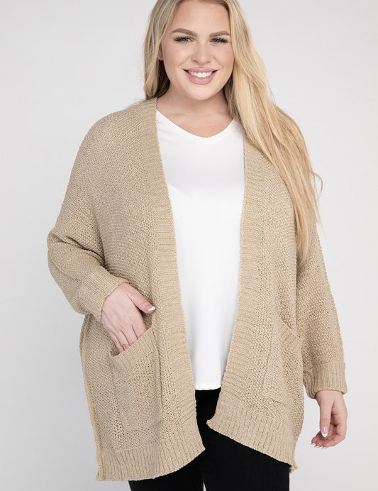 Plus Size Ribbed Knit Open Front Cardigan