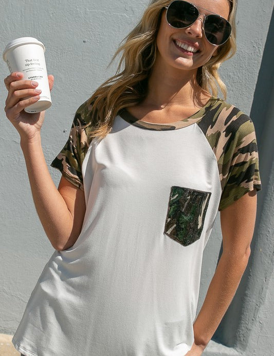 Women's Camo Sequins Pocket Top