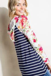 Women's Stripe Floral Mix Hoodie Top