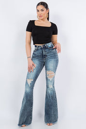 Women's High Rise Bell Bottom Jeans with Frayed Hem