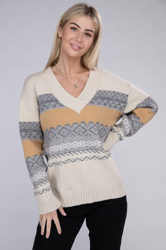 Women's Multicolor Stripe V Neck Sweater