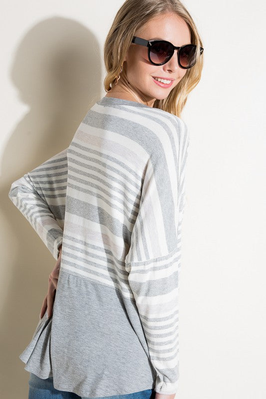 Women's Loose Fit Stripe and Solid Long Sleeve Top