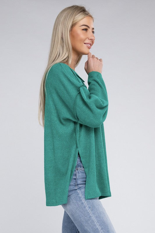 Women's Casual Ribbed Henley Sweater with Bell Sleeves