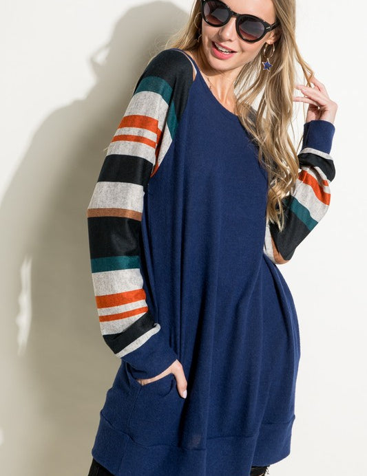 Women's Casual Long Sleeve Striped Tunic Top with Pockets